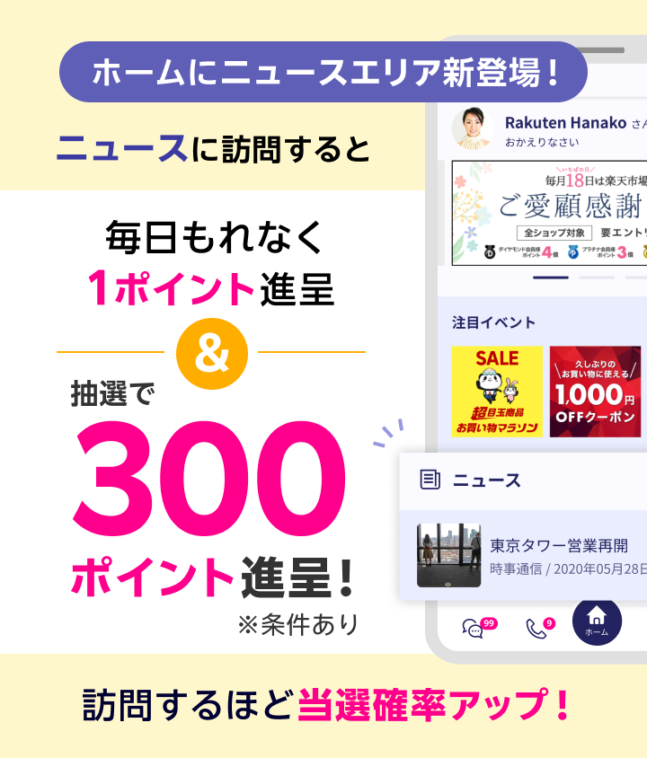 ホームにニュースエリア新登場！ニュースに訪問すると毎日もれなく1ポイント進呈＆抽選で300ポイント進呈！※条件あり 訪問するほど当選確率アップ！