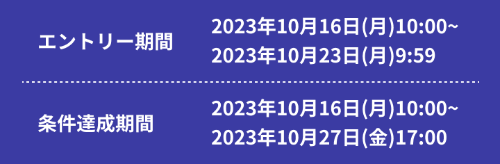 エントリー期間 2023年10月16日(月)10:00〜2023年10月23日(月)9:59 条件達成期間 2023年10月16日(月)10:00〜2023年10月27日(金)17:00