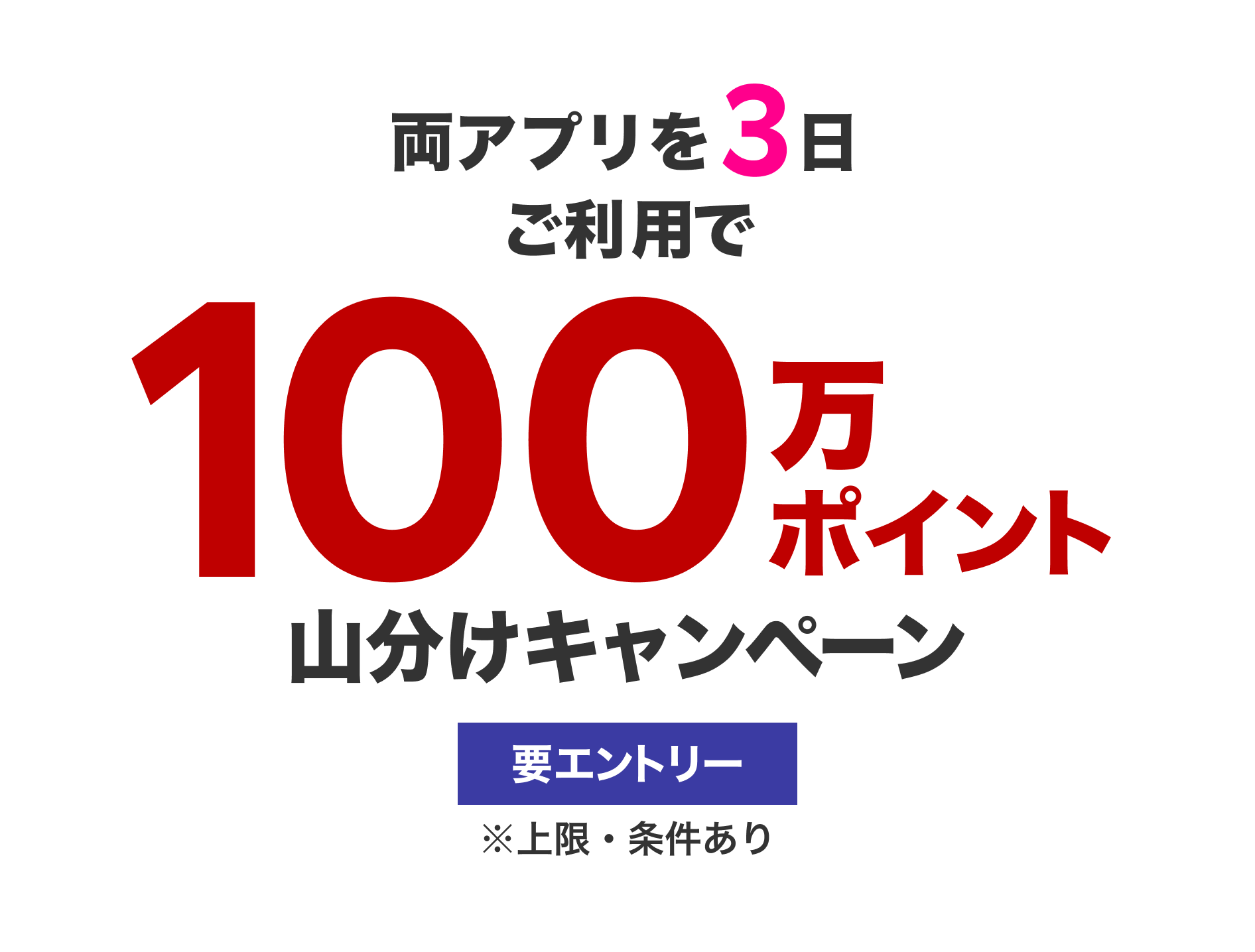 両アプリを3日ご利用で100万ポイント山分けキャンペーン 要エントリー ※上限・条件あり