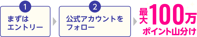 1 まずはエントリー 2 公式アカウントをフォロー 最大100万ポイント山分け