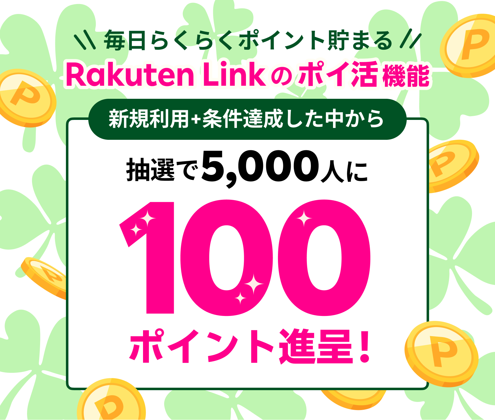 Rakuten Link のポイ活機能 新規利用+条件達成した中から抽選で5,000人に100ポイント進呈！ ※要エントリー