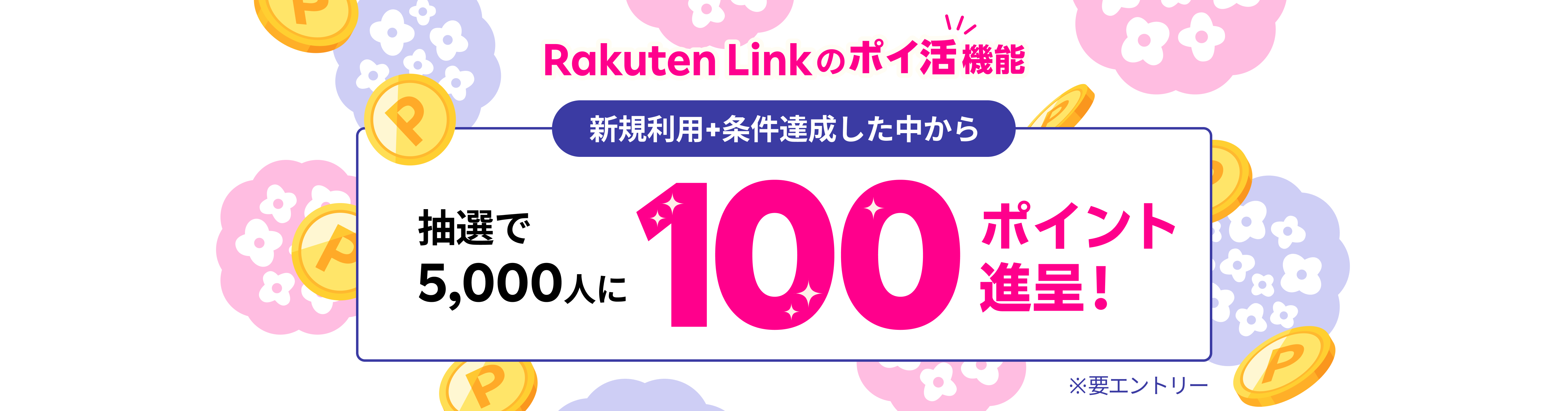 Rakuten Link のポイ活機能 新規利用+条件達成した中から抽選で5,000人に100ポイント進呈！ ※要エントリー